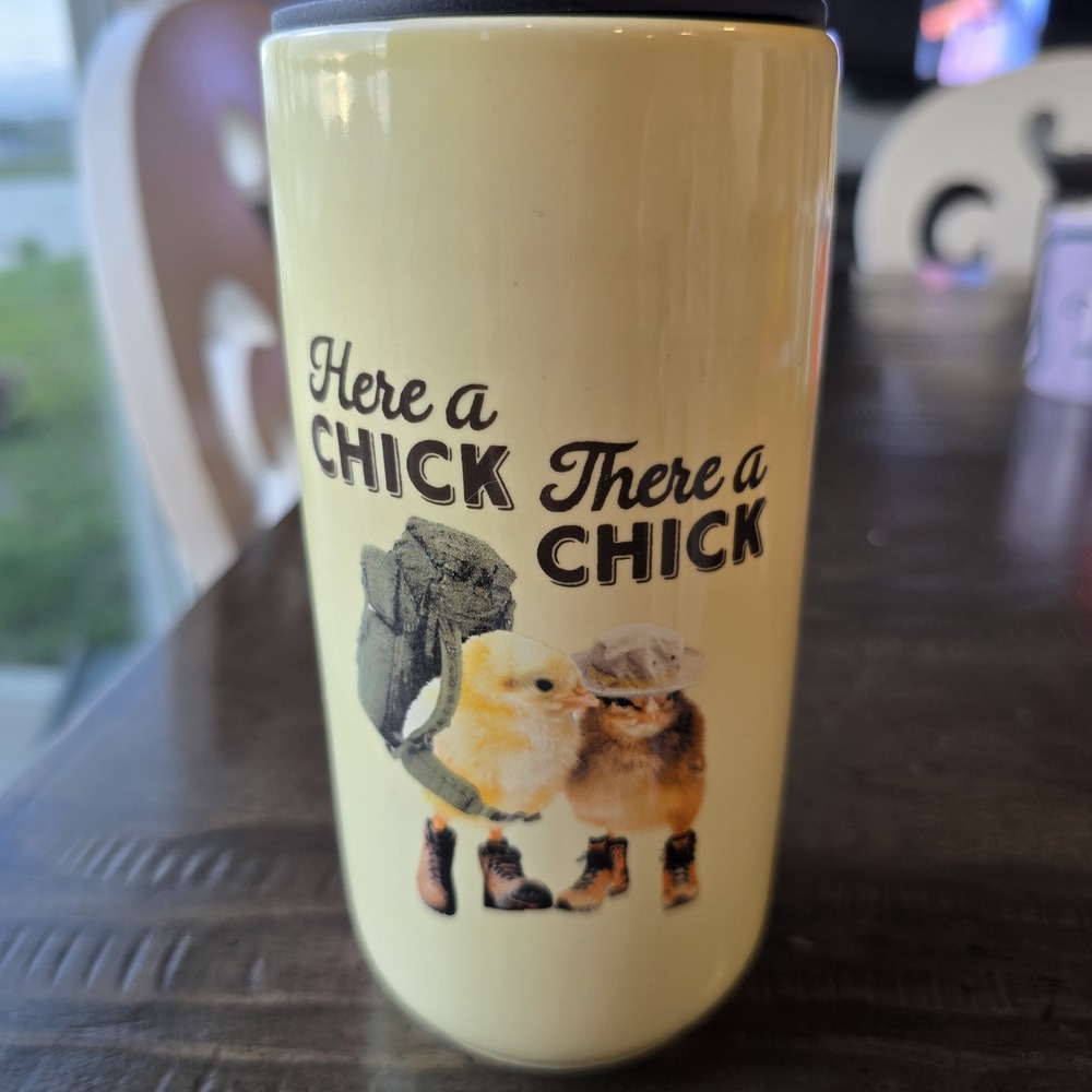 "Here A Chick,There A Chick"‎ Chickens Yellow Ceramic Travel Coffee Cup 12oz.